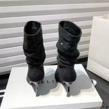 Advbridge Luxury Rhinestone Pleated Design Elastic Women's Boots Sexy Pointed Toe Ankle Boots for Women Winter Warm Banquet High Heels