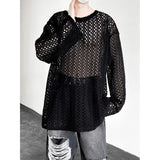 Advbridge Mens White/Black Hollow Tops Mesh Round Neck Loose Casual Long Sleeve T-shirt Men Hip Hop See-through Pullover Party TShirt