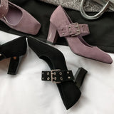 ADVBRIDGE  -  Women's natural suede leather 7cm thick high heel metal buckle slip-on Mary Jane pumps elegant ladies OL style daily dress shoes