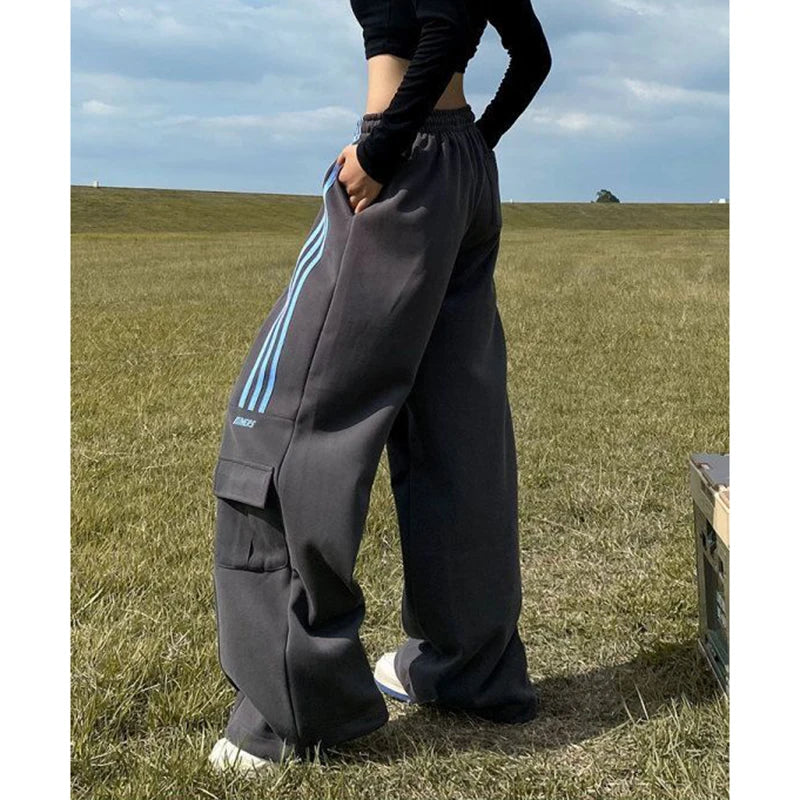 Advbridge Women Streetwear Sweatpants American Retro Striped Loose Wide Leg Pants Casual Female Large Pocket Cargo Trousers New