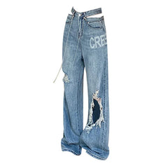 Advbridge Ripped Jeans For Women Personality Street Trend Old Washed High Waist Jeans Retro Hip Hop Couple Loose Pants Harajuku Y2k Pants