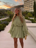 Advbridge Fashion Green Women's Ruffles Pleated Mini Dress Elegant O-neck Long Sleeves High Waist Dresses Female New Vacation Vestido 2024