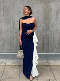 ADVBRIDGE  -  Elegant Patchwork Lotus Leaf Edge Dress Chic Scarf Collar Slim Fit Open Fork Sleeveless Gown New Lady Summer Party Club Vestidos
