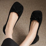 ADVBRIDGE  -  Women's natural suede leather square toe slip-on flats 3cm round low heel sweet bowtie casual female four season shoes for woman