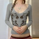 ADVBRIDGE  -  Personality Chic Big V Neck Long Sleeve Sweaters American Temperament Print Autumn Knitted Clothes Y2k High End Basic Pullovers