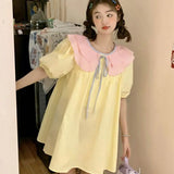 Advbridge Peter Pan Collar Puff Sleeve Dresses Women Summer Sweet Color Collision A-line Loose Preppy Style Bow Lace-up Short Dress Female