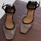 ADVBRIDGE  -  Luxury Mesh Rhinestone Designer Sandals Fashion Buckle Ankle Strap Square Toe women Slide Sandals summer Sexy Hollow Ladies Shoe