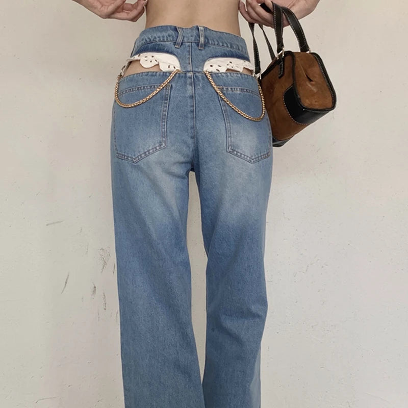 Advbridge -  Sexy Lace Hollow Out Waist Jeans Women Metal Chain High Waist Denim Pants Female High Street Straight Trousers Fashion Harajuku