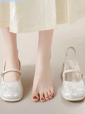 Advbridge Floral Embroidery Square Head Sandals Women Outside Wear Summer Belt Buckle Sandal Female Pearl Chunky Heel Mary Jane Shoes