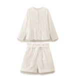 ADVBRIDGE  -  Hollow Out Embroidery White Two-Piece Set Women O Neck Long Sleeve Blouse+belted Shorts Sets Summer Casual Simple Fashion Suits