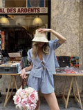 ADVBRIDGE  -  Blue Plaid Shorts 2 Piece Set V Neck Puff Sleeveless Lace-up Crop Blouse+Shorts Simple Casual Fashion Summer Suits For Women New