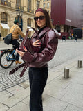 Advbridge Women Fashion Solid Lapel Pu Leather Belt Crop Coat Elegant Long Sleeved Zipper Pocket Jacket 2024 New Lady High Streetwears