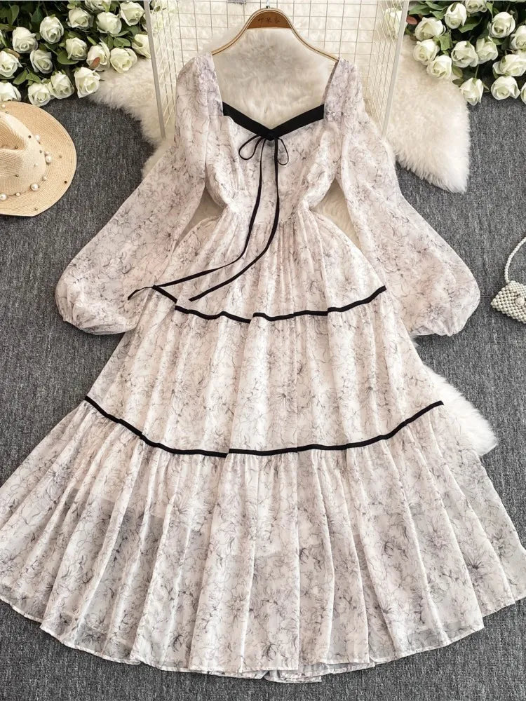 Advbridge Elegant Floral Printed Midi Dresses for Women Lantern Sleeves Square Collar A-line Evening Party Dress Autumn Chic Prom Robe