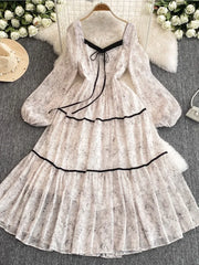 Advbridge Elegant Floral Printed Midi Dresses for Women Lantern Sleeves Square Collar A-line Evening Party Dress Autumn Chic Prom Robe