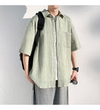 ADVBRIDGE  -  Men's Vertical Stripe Lapel Textured Loose-Fit Short Sleeve Shirt Casual Breathable Top Comfortable Wear, Trendy Summer Style