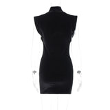 ADVBRIDGE  -  Classics Retro Black Velvet High Collar Tank Dress Womens Elegant Sexy Stylish Bodycon Flying Sleeves High-waisted Vestidos