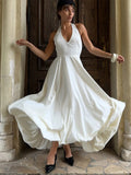 Advbridge Women's White Elegant Ruffles Pleated Halter Maxi Dress Chic V-neck Backlwss Sleeveless A-line Robe Female Party Holiday Dresses