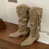 ADVBRIDGE  -  Western Style Fashion Hemp Tassel Knee High Boots Women Winter Street Pointed Toe Cowboy Boots Low Thick Heels Long Shoes