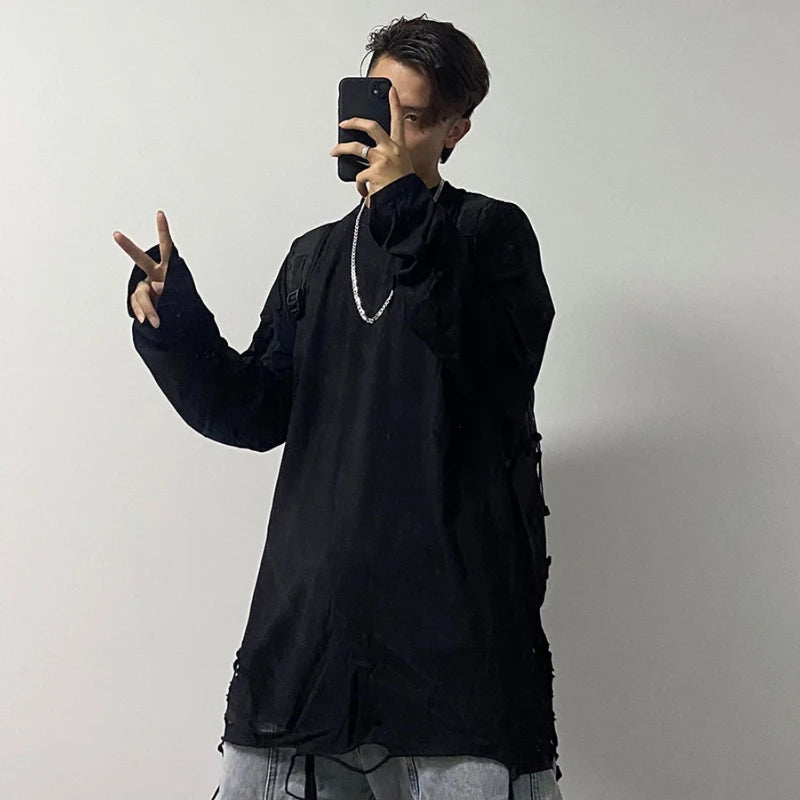 Advbridge Long Sleeve T-shirts Men Solid Loose Distressed Hole Spring Autumn High Street Broken O-neck American Style Teenagers Youthful