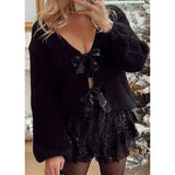 Advbridge Women's Y2K Cute Fall Glitter Sequined Bow Tied Front Loose Fit Sweater Long Sleeve V-Neck Cropped Knitwear Cardigans