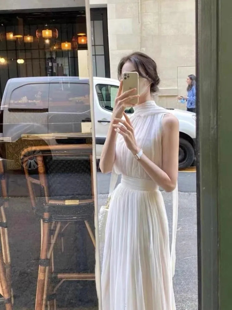 Advbridge Summer Women's 2-Piece Skirt Set Korea Style Fashion Sleeveless Halter Neck Slim White Dress Suit Fairy Female Clothes Solid