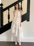 ADVBRIDGE  -  French Style Chic Hanging Neck Dress Women Elegant Flower Off Shoulder Sexy Ruffle Fashion Vestido Casual Apricot Dresses Summer