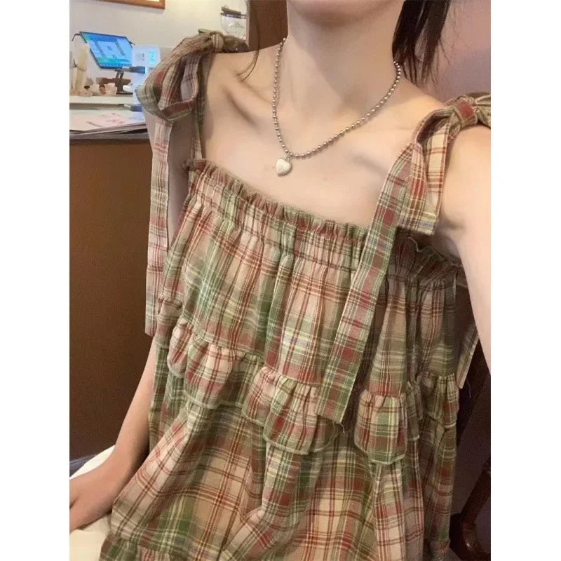 Advbridge Women's Vintage Plaid Cropped Tank Top Sweet Style Square Collar Mini Fresh Look Doll Blouse Short Length Fashion Outfit