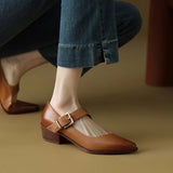 Advbridge NEW Spring/Fall Women Pumps Genuine Leather Shoes for Women Pointed Toe Chunky Shoes Mid-Heel Mary Janes Retro Belt Buckle Shoes