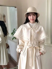 Advbridge Sweet Bow Overcoats Dress Women Long Sleeve Japanese Kawaii Slim Cape Dress Coats Korean Fashion Elegant Vintage Cloak Winter