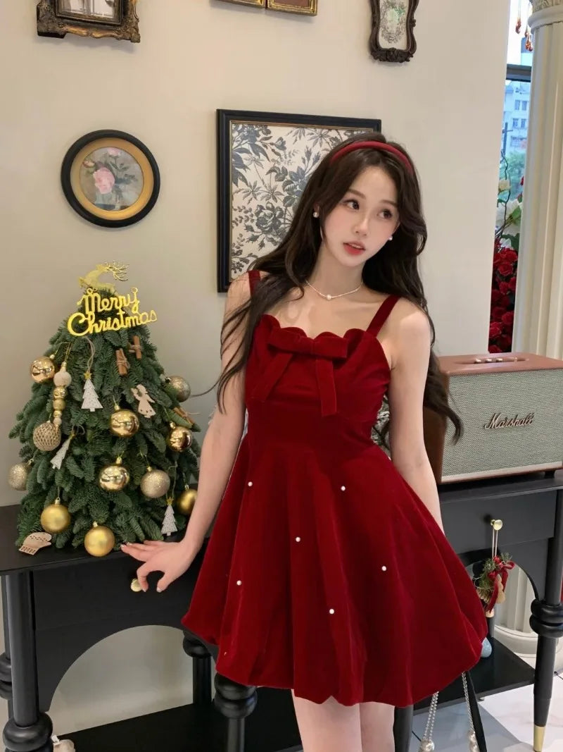 Advbridge -  French Sweet Hot Girl Butterfly Red Velvet Strap Dress for Women's Winter Christmas Fluffy Princess Dress Fashion Female Clothes