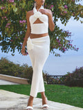 Advbridge Summer Knitted Beach Skirt Sets Women Sexy Halter Backless Slim Bohemian Outfit White Sheer Holiday Two Piece Set 2024 Beachwear