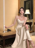 Advbridge French Style Women Midi Dresses Summer Spaghetti Strap Elegant Party Female Clothes Wedding Bridesmaid Black Satin Dress