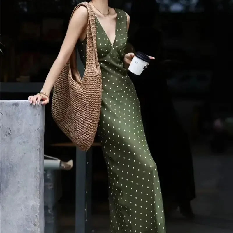 ADVBRIDGE  -  Summer Fashion Green Polka Dot Dress Women French Retro Elegant Slim Long Womens Dresses V-neck Sleeveless Silk Vestido