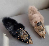 Advbridge New Rabbit Fur Pearl Multi Cystal Cherry Fox Flats Loafers Crystal Studs pointy toe Winter Fur Causal Shoes Woman Footwear