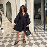 ADVBRIDGE  -  Elegant Lace Hollow Out Women's Long Dress Solid V-neck Patchwork Puff Sleeve Bodycon Dressess Female 2025 Spring New Lady Robes