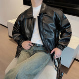 Advbridge Autumn/Winter Korean Retro PU Leather Jacket Men Loose Motorcycle Leather Coat Lapel Short Streetwear Social Casual Men Clothing