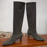 ADVBRIDGE  -  women's natural suede leather 4.5cm thin med heel square toe slip-on knee high boots elegant ladies long boots shoes