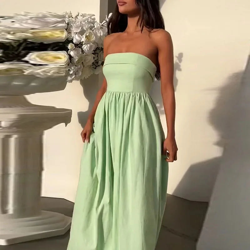 Advbridge -  Sexy Off Shoulder Sleeveless Long Dress Summer Elegant Strapless Pleated Solid Party Dress Spring Women Fashion Waist Maxi Dress