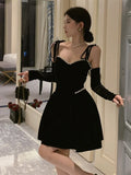 ADVBRIDGE  -  French Retro Black Velvet Dress Women Autumn Beaded V-neck Sexy Off Shoulder Bow Strap Elegant Party Vestidos Fashion Mini Dress