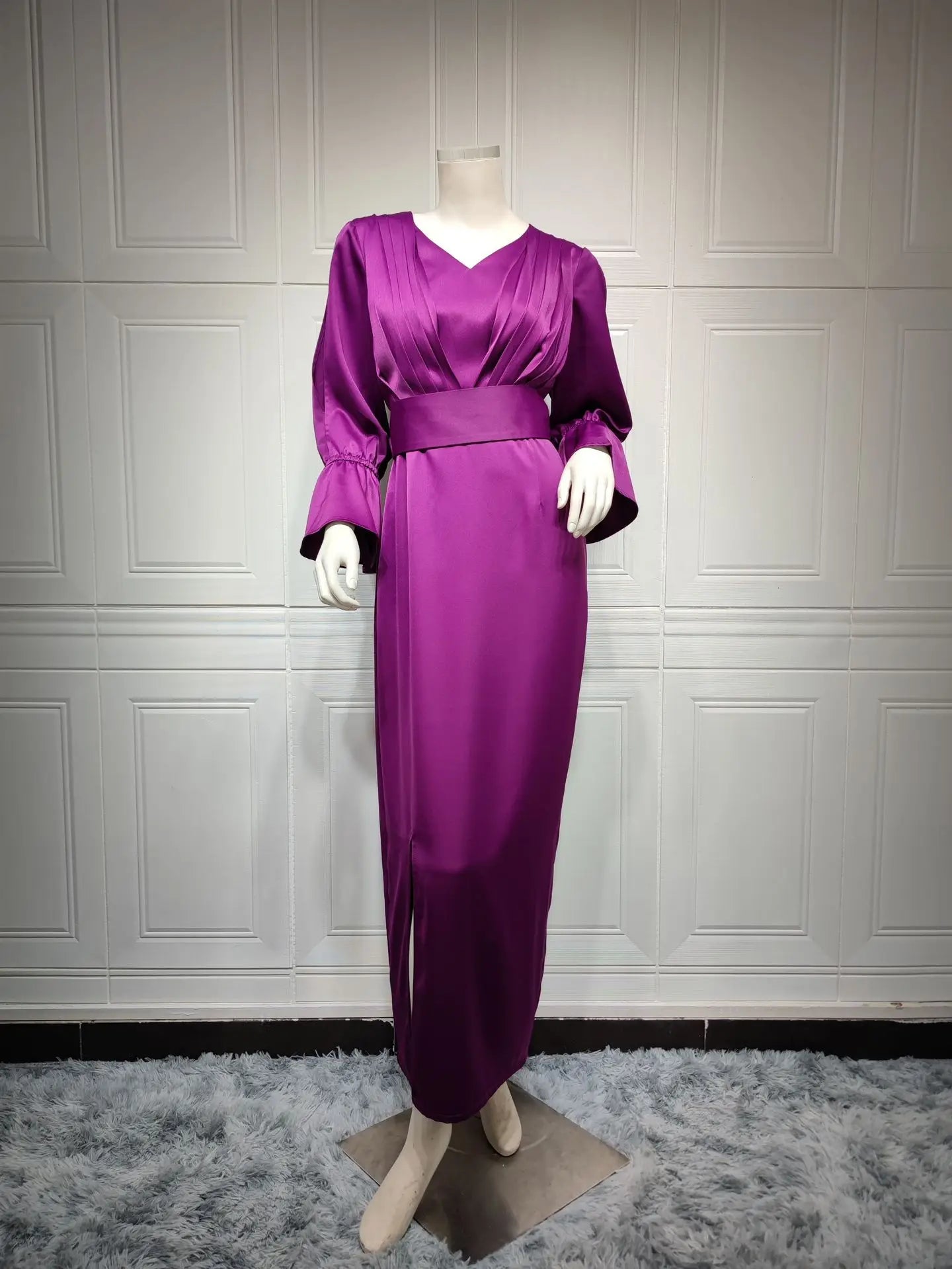 Advbridge Elegant Purple Satin Dresses Pleated V Neck Long Flare Sleeve with Slit Wide Waistband Stylish Wedding Evening Party Event Gowns