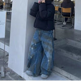 Advbridge High Street Retro Washed Tie-Dye Distressed Jeans Men Women American Hip-Hop Rap High Waist Loose Jeans Casual Straight Pants