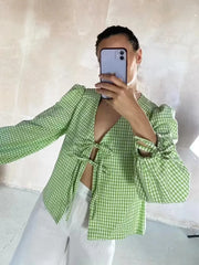 Advbridge Long Sleeve Bowknot Tie Up Plaid Women Blouse Shirt V Neck Casual Summer New Chic Green Top Female Black Blusa Mujer