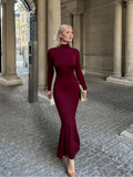 Advbridge Elegant Women Wine Red Suede Slim Long Dress Fashion Half High Collar Full Sleeves Fishtail Dresses Chic Lady Party Street Robes