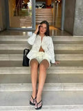 ADVBRIDGE  -  Hollow Out Embroidery White Two-Piece Set Women O Neck Long Sleeve Blouse+belted Shorts Sets Summer Casual Simple Fashion Suits