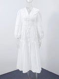 ADVBRIDGE  -  Elegant Lace Hollow Out Women's Long Dress Solid V-neck Patchwork Puff Sleeve Bodycon Dressess Female 2025 Spring New Lady Robes