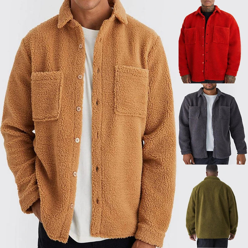 Advbridge Streetwear Plush Warm Woolen Coats Autumn Fashion Lambwool Lapel Button Thickened Outwear Men Long Sleeve Solid Fleece Jacket