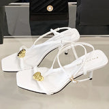 ADVBRIDGE  -  Fashion Metal Heart Decoration Women Sandal Pointed Toe Open Toe Ankle Strap Roman Shoe Elegant Thin Heel Belt  Buckle High Heel
