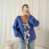Advbridge Casual Sequin Bow Knitted Sweater Women Lace Up Deep V-neck Long Sleeve Female Cardigan 2024 Fall Hollow Out Lady Solid Y2k Tops