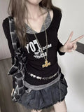 Advbridge Harajuku Y2k T-shrits Women Vintage Letter Printed Fake Two Pieces Long Sleeve Tops Black Striped Patchwork Tees 2000s