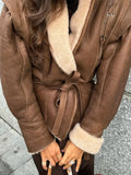 Advbridge Elegant Irregular Hem Plush Lapel Coat Chic Lace Up Pocket Long Sleeve Women Jacket 2024 Autumn Winter New Warm Street Outerwear